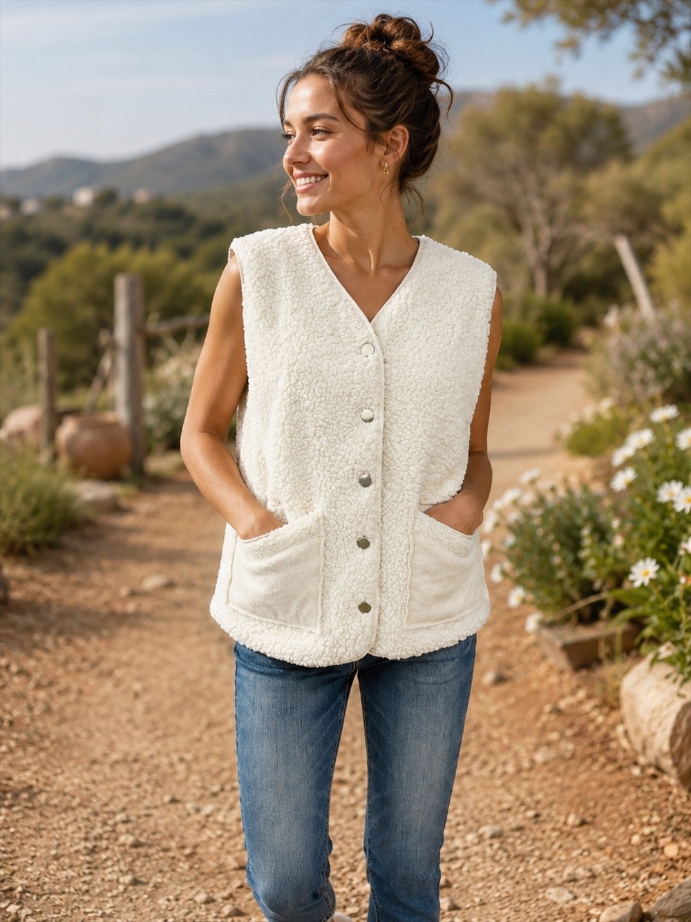 Cherish Cream Sherpa Fleece Vest Large Button Front Utility Pockets Cozy Boho